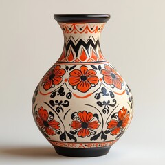 Hand Painted Ceramic Vase with Orange and Black Floral Design