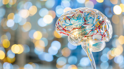Close-up of a human brain model with vibrant neural pathways, symbolizing cognitive response and mental activity, ideal for educational and scientific visual content