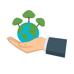 Eco Friendly Earth Illustration, Hand Holding the Planet Earth with Trees