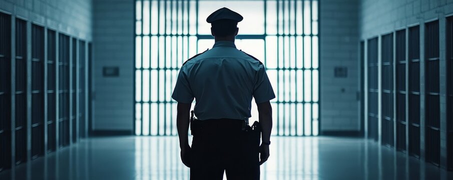 Police officer standing in a prison corridor, facing away towards jail cells.