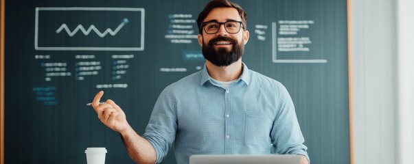 Smiling man in glasses presenting business analytics on a chalkboard.