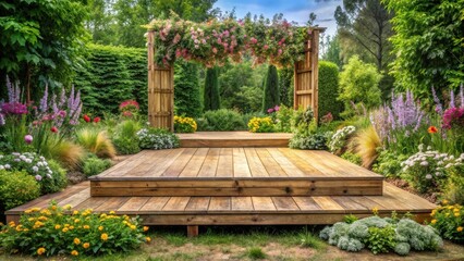 A wooden platform nestled amongst vibrant flowers and lush greenery, providing a serene space for contemplation and tranquility.