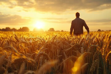 A lone figure walking through a field of golden wheat at sunset.