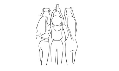 3 girlfriends taking pictures continuous line art drawing isolated on white background. Best friends line art drawing. Vector illustration	