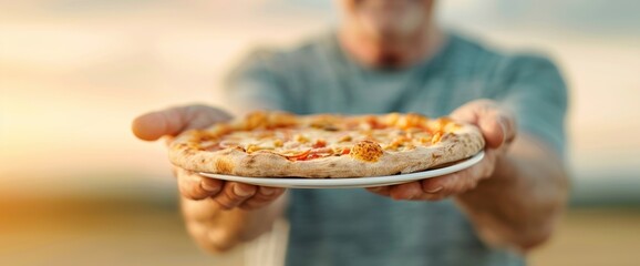 A man is holding a plate of pizza