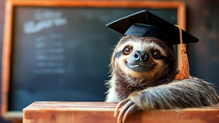 Adorable smiling sloth in graduation cap. Educational humor. Celebrating slow but steady learning concept.
