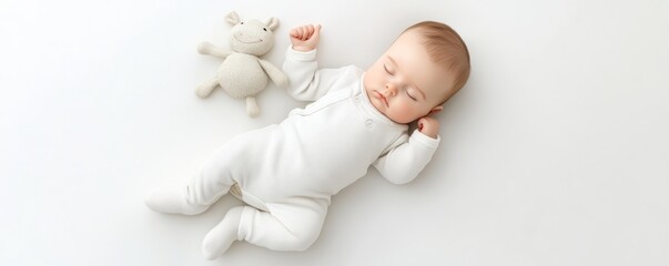 baby sleeping with a toy, top view, storybook illustrationinspired 3D design, soft hues, isolated on white background