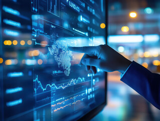 Investor studying market trends on a digital interface with vibrant graphs in real time