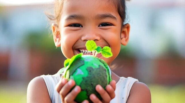 A smiling African American little girl embracing globe with sprout. Concept of eco education and future of sustainability.
