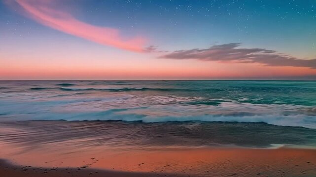 A serene beachscape sunset to starry night timelapse. Calm beach atmosphere under pastel sunrise sky transition to night.