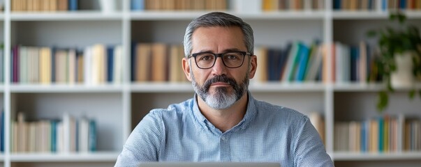 Focused man sitting in front of a laptop in a cozy library environment.