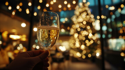 a glass of champagne in a person's hand, against the background of a New Year's corporate party, focus on the glass in the hand