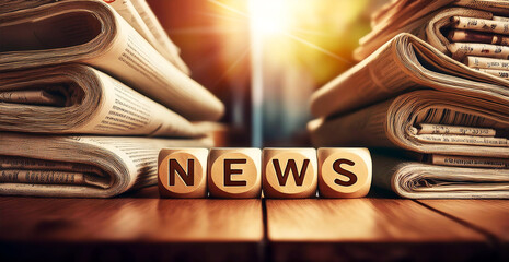 Stacked and folded newspapers, and the word NEWS in wooden block puzzle dice, on a wooden table or desk. concept for newspaper, the media, press release and global communications. Generative Ai.