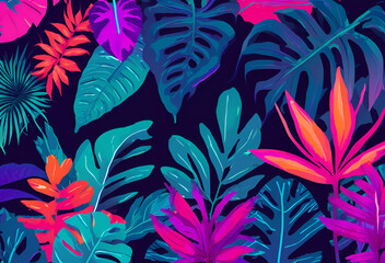 Tropical Leaves with Vibrant Neon Colors in Abstract Design