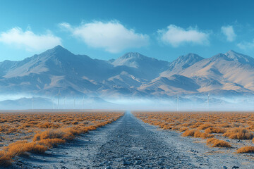 A group of wind turbines in an arid desert landscape,