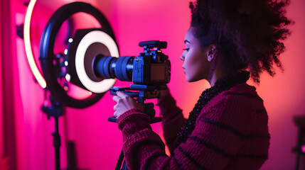Young female photographer setting up a camera with a ring light in a vibrant studio, creating a professional and artistic atmosphere for content creation