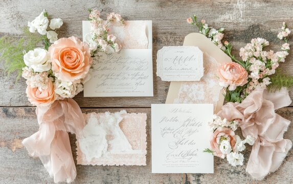 A beautifully arranged flat lay of wedding invitations and floral accents, showcasing elegant design and romantic themes.