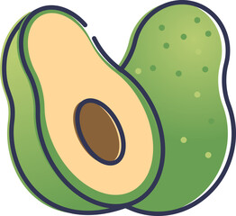 Illustration of a sliced avocado, showcasing its seed and green skin.