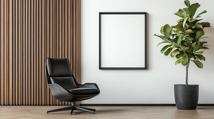 Modern chair and plant near a blank frame on a stylish wall.