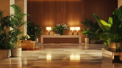 Modern Hotel Lobby with Lush Greenery