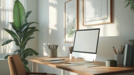 Fototapeta premium Modern home office with a computer, plants, and natural light.