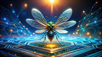 Obraz premium Description: A futuristic nano bee with metallic wings and glowing circuits hovering over a colorful flower.