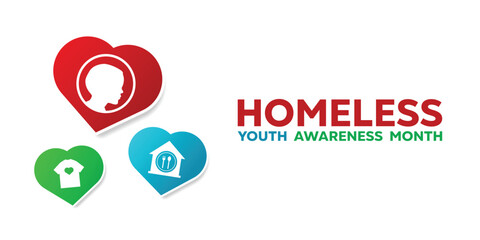 National Youth Homeless Awareness Month. Heart, kid home, and t shirt. Great for cards, banners, posters, social media and more. White background.