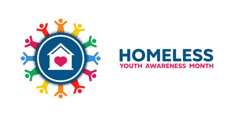 National Youth Homeless Awareness Month. Kids, home and heart. Great for cards, banners, posters, social media and more. White background.