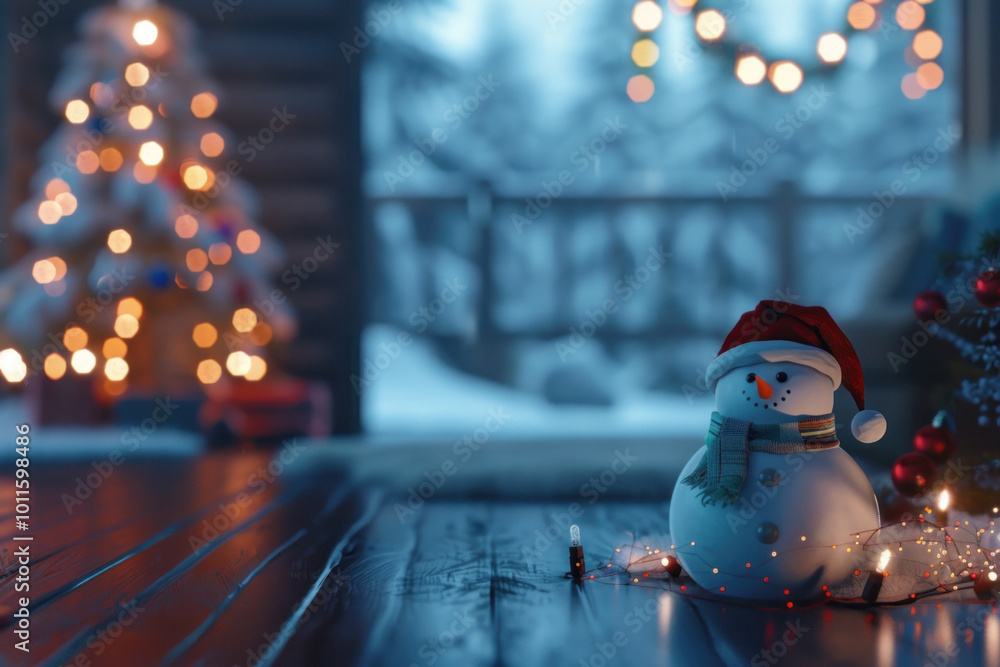 Poster Snowman sitting on table near Christmas tree, festive decoration indoors.