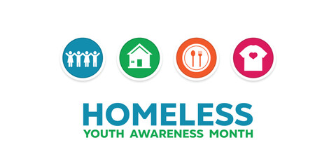 National Youth Homeless Awareness Month. Kids, home, plate and t shirt. Great for cards, banners, posters, social media and more. White background.