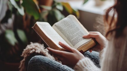Fototapeta premium Hands holding a Bible during morning study at home peaceful setting. Simple background focus on scripture for spiritual learning and inspiration.