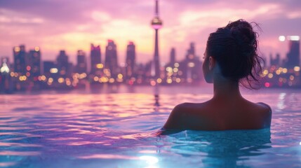close up of woman with their back to the viewer, sitting in an infinity pool with a view of a city skyline
