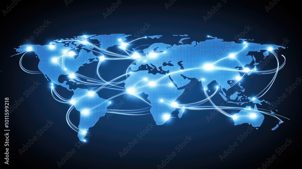 Poster a world map designed with glowing connections highlights the global network of digital technology, i