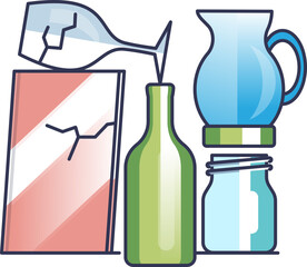 Illustration of glass waste including broken glass, bottles, and jars.