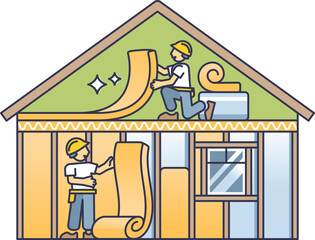 Workers installing insulation in a house, highlighting energy efficiency. © VectorMine