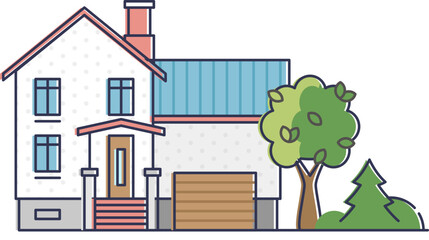 Illustration of a house with a garage and garden, symbolizing suburban living.