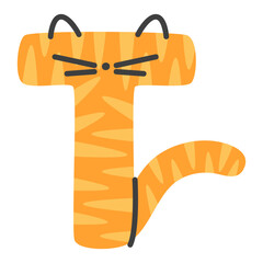 Capital letter T of childish English alphabet with tiger in Scandinavian style. Kids font for nursery and kindergarten.