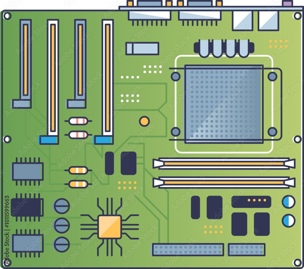 Poster illustration of a motherboard with slots, circuits, and a cpu socket, symbolizing computer hardware 