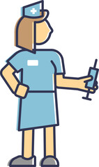 Illustration of a nurse in scrubs standing next to an IV stand, symbolizing healthcare and patient care.