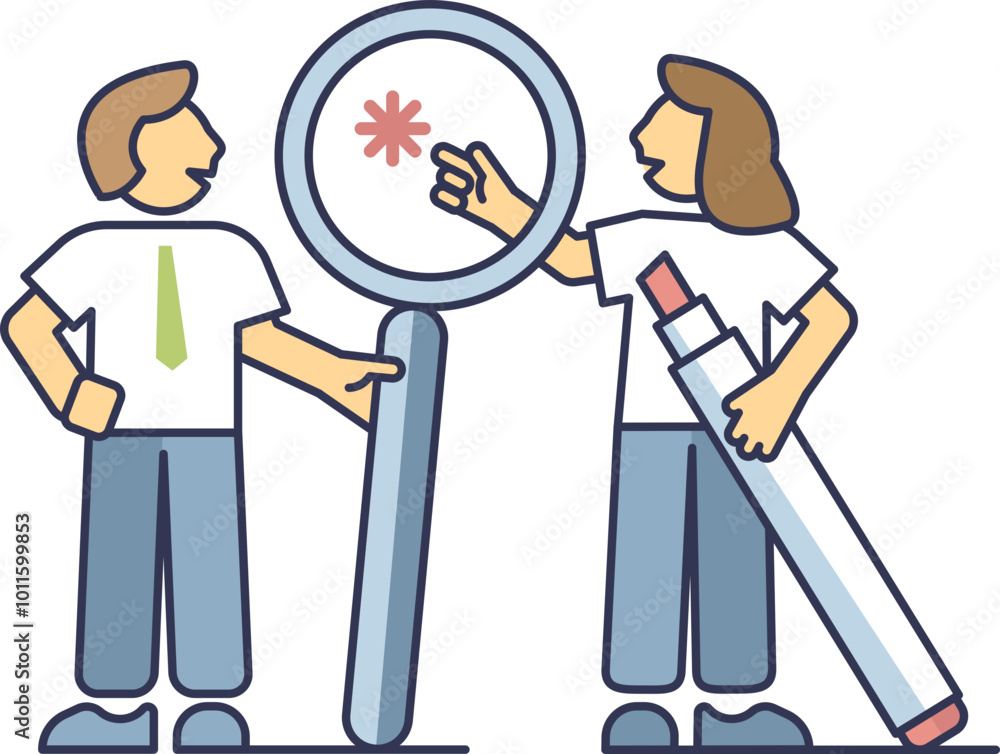 Poster two figures with a magnifying glass and marker, symbolizing analysis and highlighting.