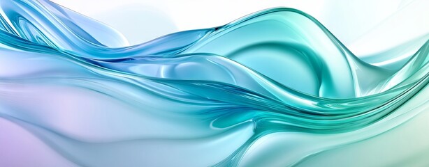 3D Render of Smooth Waves in Blue and Green Colors with Fluid Glass Shapes. AI generated illustration