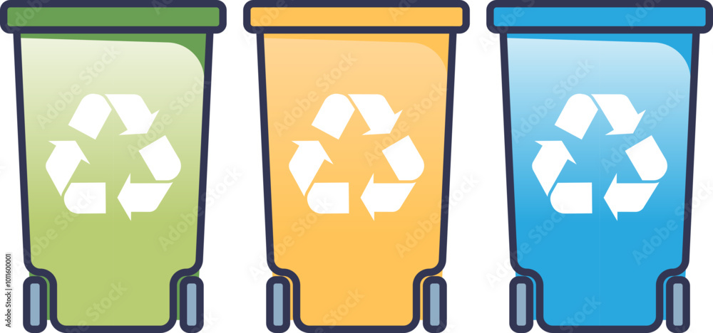 Poster three colorful recycle bins symbolize waste sorting and environmental responsibility.