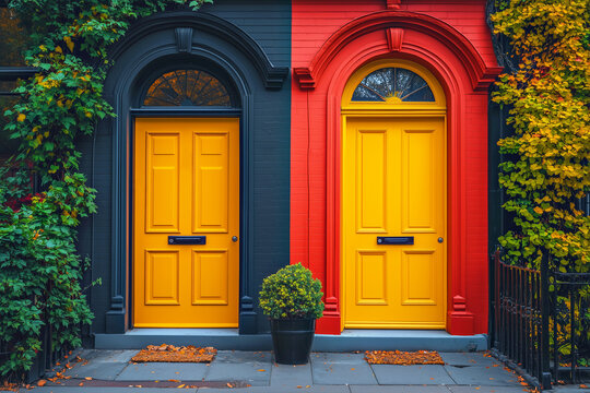 Colorful residential neighborhood exterior brick architectural doors in a row