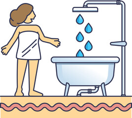 Illustration of a woman in a towel near a bathtub with a shower and heated floor.