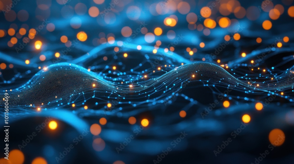 Poster Abstract representation of interconnected data points with glowing effects.