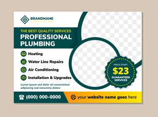 abstract flyer design template for professional plumbing services. horizontal layout with circle space for photo collage. combination green and yellow gradient as element isolated on white background.