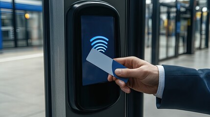 A businessman inserts a plastic card into a turnstile at the office entrance, ready to access the building during busy work hours
