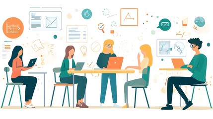 Four individuals working on laptops, sitting at desks, surrounded by abstract icons and sketches. They are collaborating on a project, each with their own role and area of expertise.