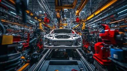 Fototapeta premium A car assembly line showcasing robotic automation in manufacturing.