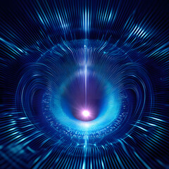 Fototapeta premium 3D abstract background: model of blue thermonuclear fusion. High energy elementary particles flow through a tokamak. Magnetic field, nuclear fusion, future science concept.